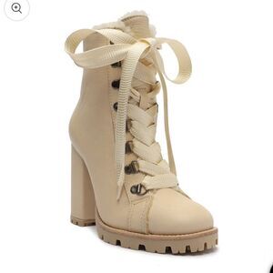 Schutz Zhara Winter Leather Lace Up Heeled Bootie in Light Tan, 10.5, NWOB
